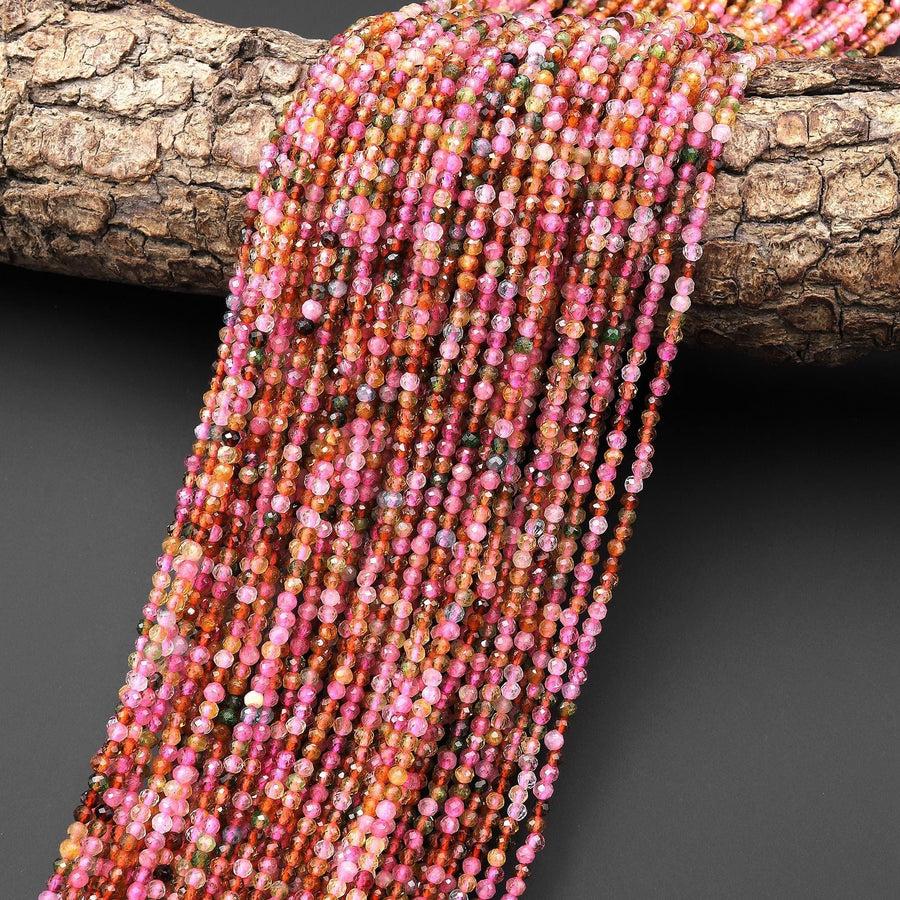 AAA Micro Faceted Natura Tourmaline Round Beads 2mm Vibrant Pink Orange Gemstone 15.5" Strand