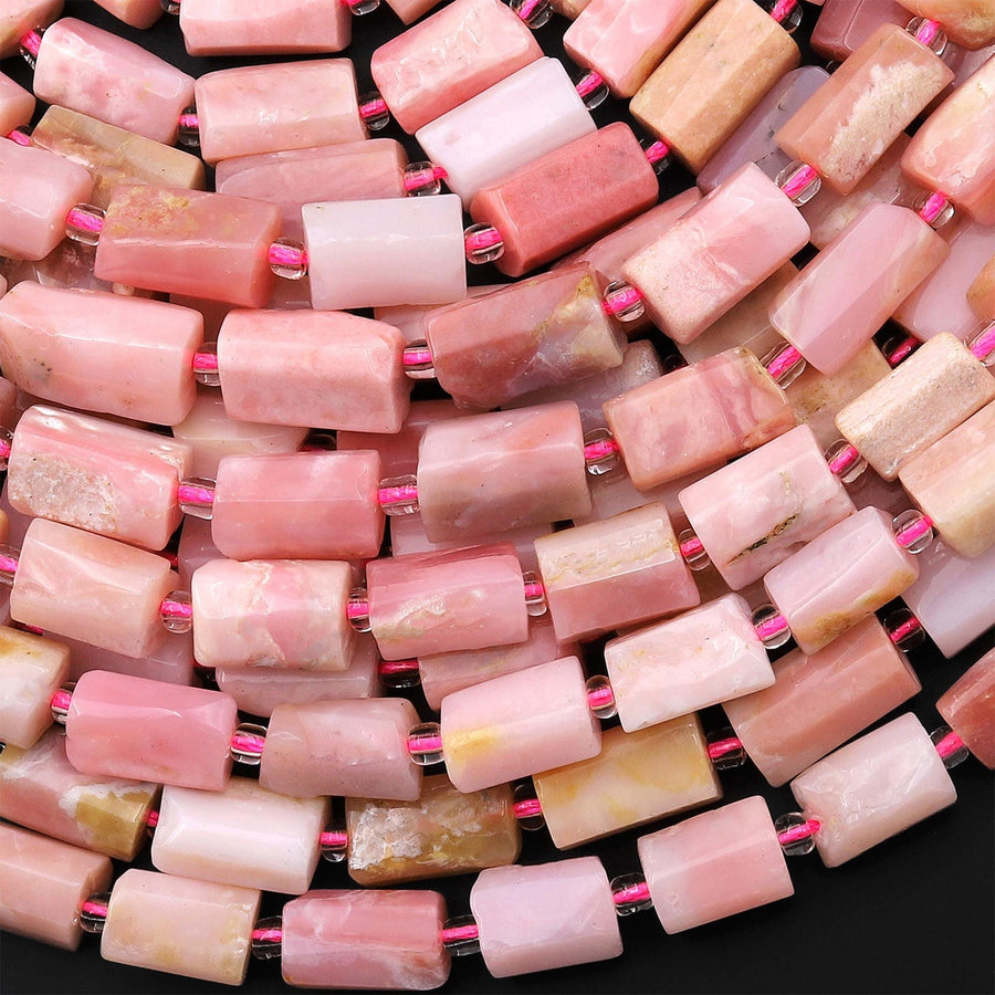 Natural Peruvian Pink Opal Faceted Cylinder Tube Nugget Beads 15.5" Strand