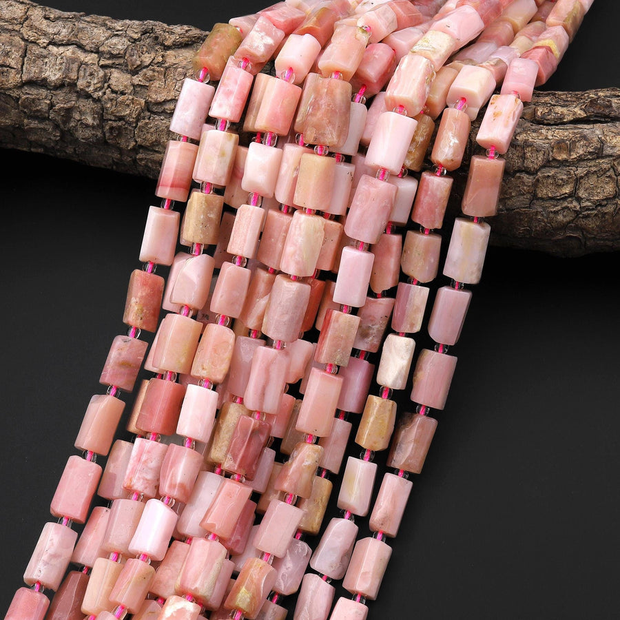 Natural Peruvian Pink Opal Faceted Cylinder Tube Nugget Beads 15.5" Strand