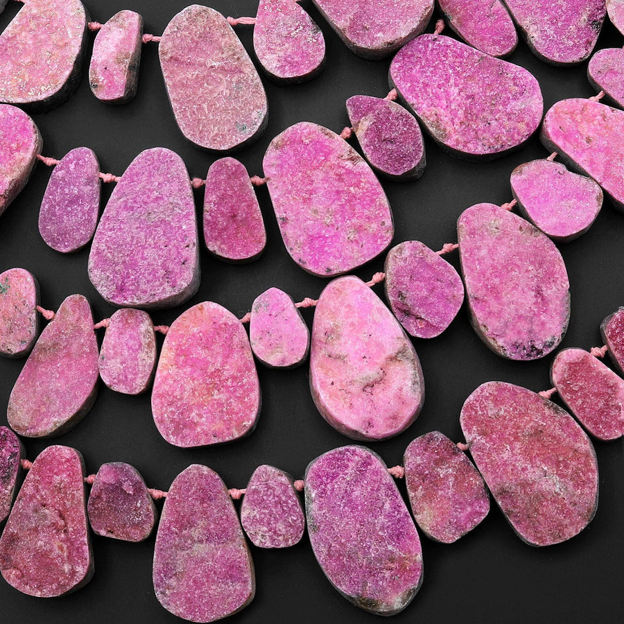 Natural Pink Cobalto Calcite Druzy Freeform Side Drilled Teardrop Focal Pendant Beads 15.5" Strand