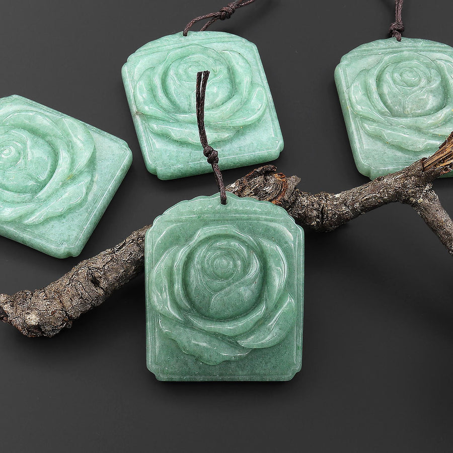 AAA Hand Carved Natural Green Aventurine Blooming 3D Rose Flower Ornate Rectangle Pendant Gemstone Focal Bead