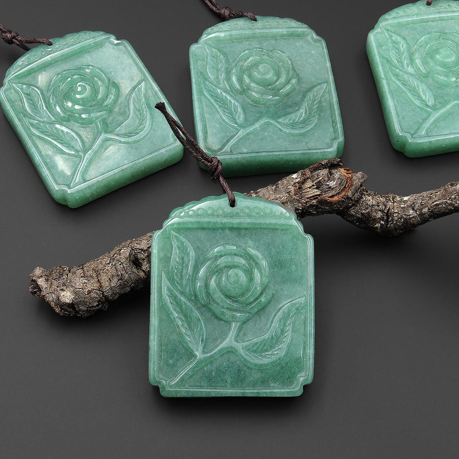 AAA Hand Carved Natural Green Aventurine Rose Flower Ornate Rectangle Pendant Gemstone Focal Bead