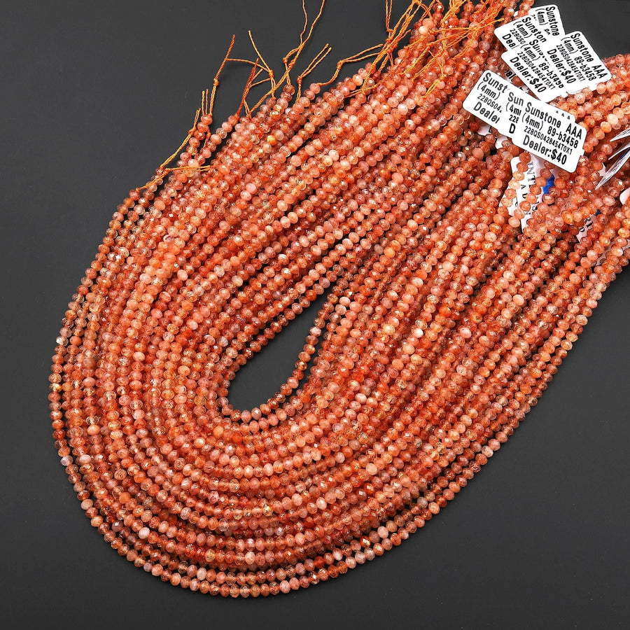 AAA Faceted Natural Arusha Orange Sunstone Rondelle Beads 4mm Gemstone 15.5" Strand