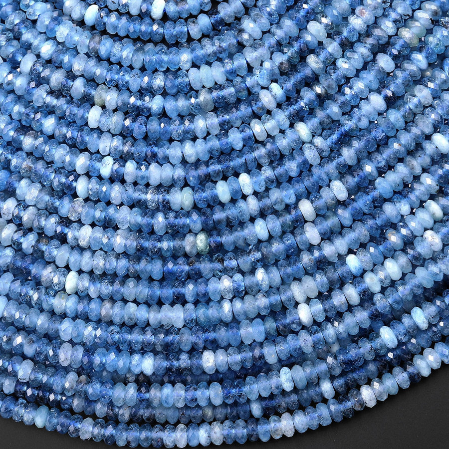 AAA Faceted Natural Stormy Blue Santa Maria Aquamarine Thin Rondelle Beads 4mm Gemstone 15.5" Strand