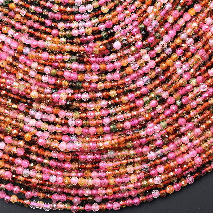 AAA Micro Faceted Natura Tourmaline Round Beads 2mm Vibrant Pink Orange Gemstone 15.5" Strand