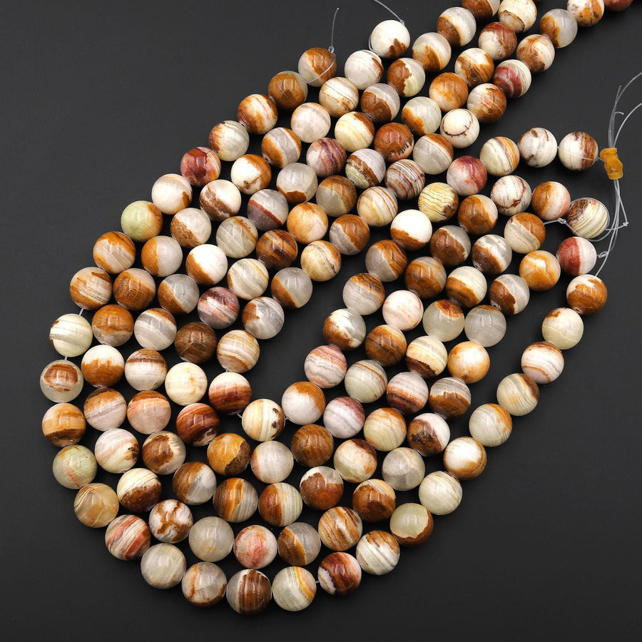AAA Natural Striped Brown Yellow Green Calcite Round Beads 14mm 15.5" Strand