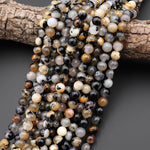 Genuine Natural Black Tourmaline in Quartz Calcite 6mm 8mm Smooth Round Beads 15.5" Strand