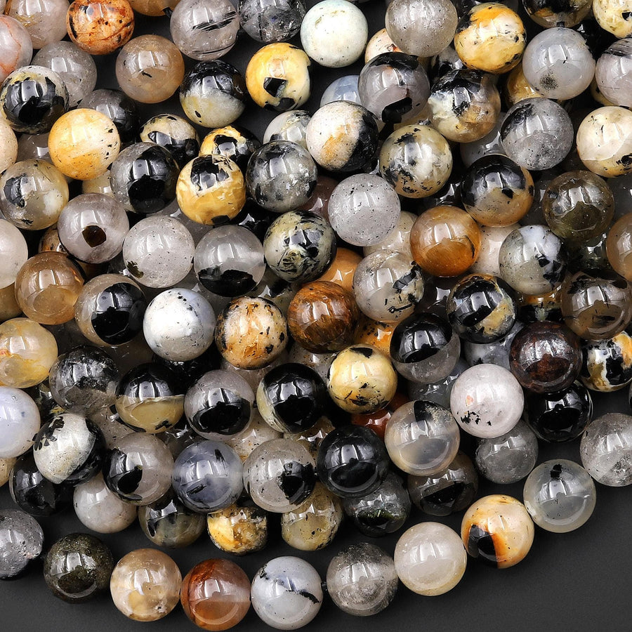 Genuine Natural Black Tourmaline in Quartz Calcite 6mm 8mm Smooth Round Beads 15.5" Strand