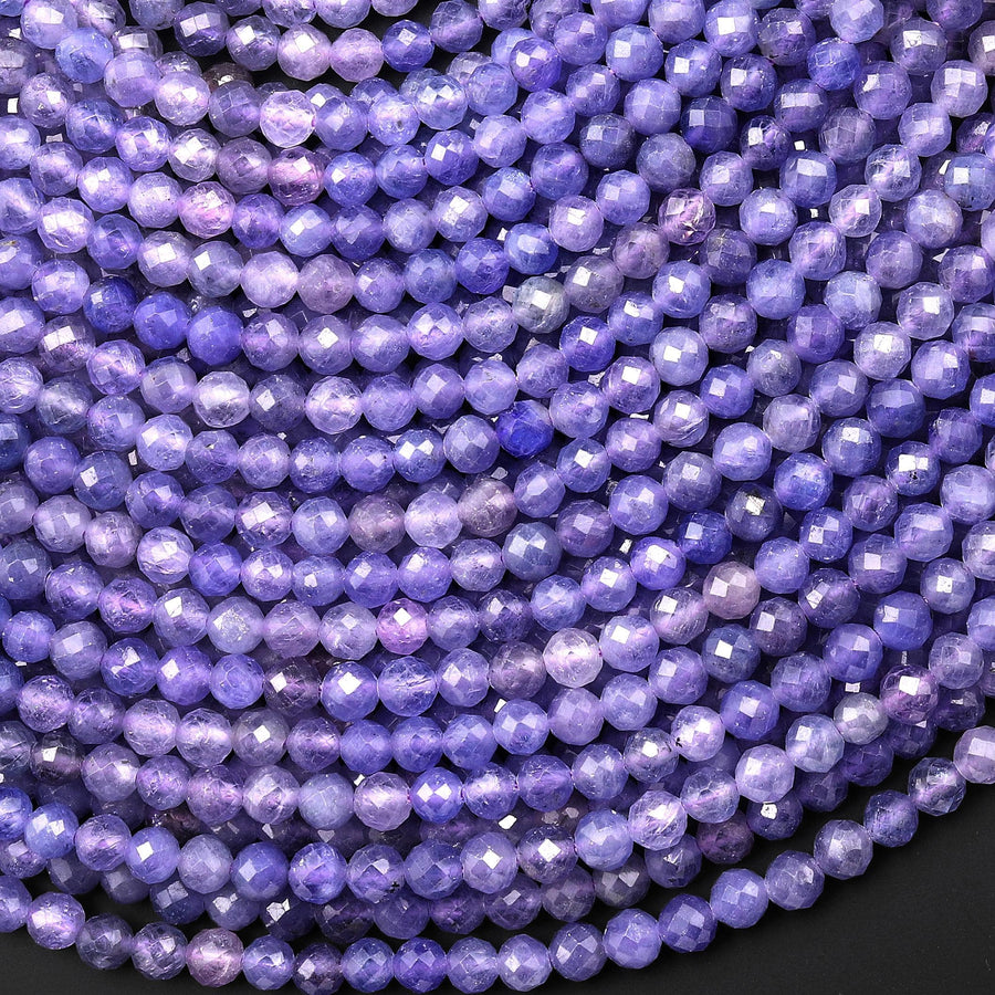 AAA Faceted Natural Tanzanite Round Beads 4mm Real Genuine Gemstone Shades of Pinkish Purple Blue 15.5" Strand