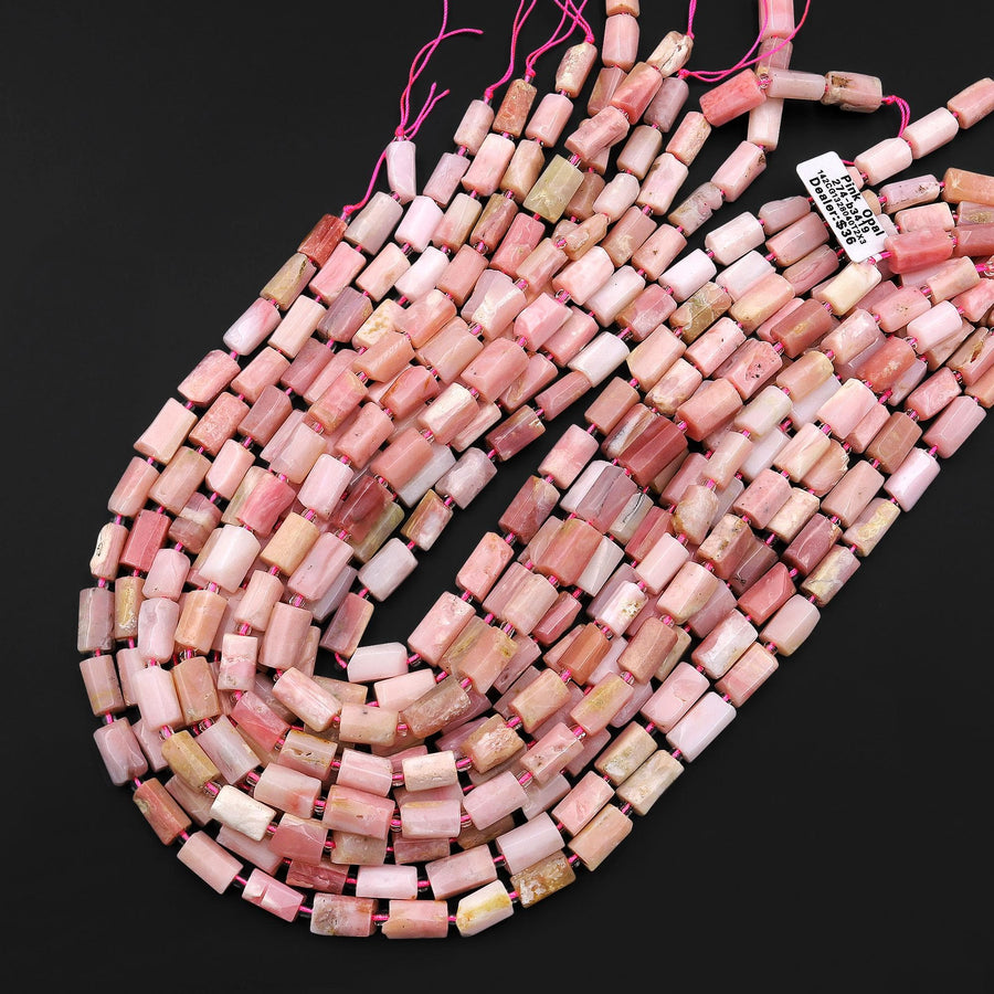 Natural Peruvian Pink Opal Faceted Cylinder Tube Nugget Beads 15.5" Strand