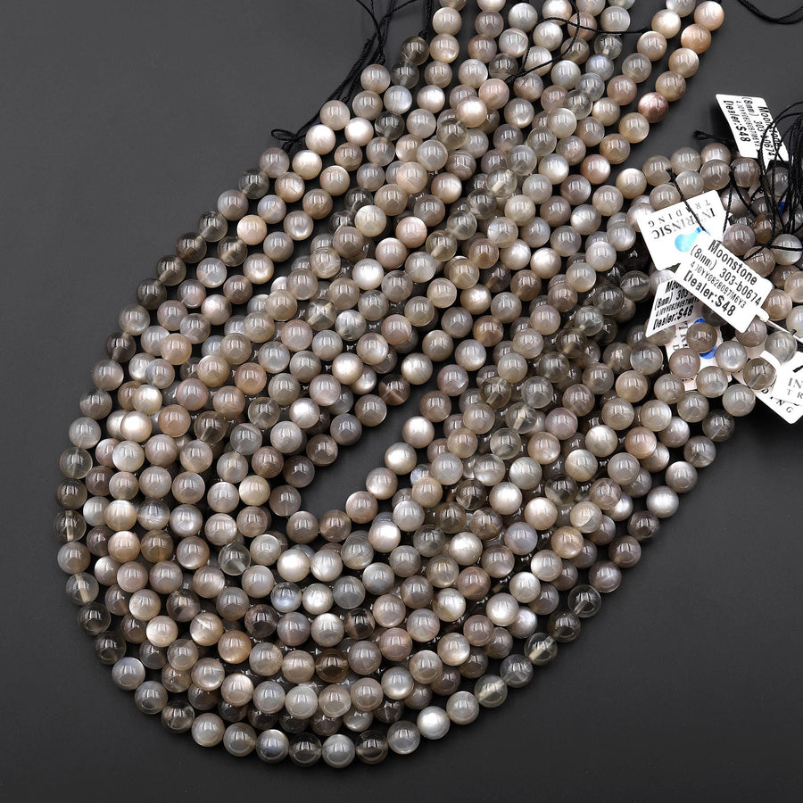 Rare Natural Black Gray Moonstone 6mm 8mm 10mm Smooth Round Beads 15.5" Strand
