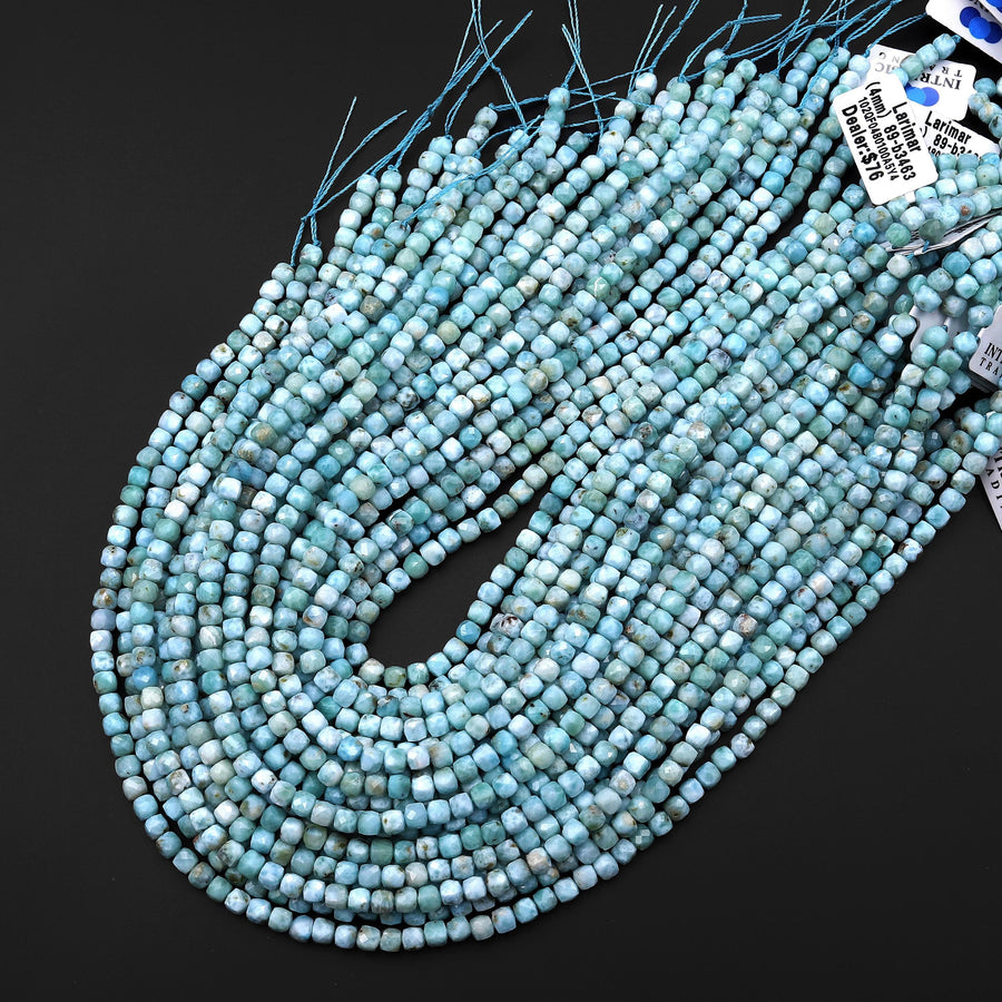 Genuine Natural Blue Larimar Beads Faceted 4mm Cube Gemstone Beads 15.5" Strand
