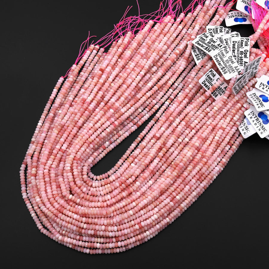 AAA Micro Faceted Natural Peruvian Pink Opal 4mm Thin Rondelle Beads Gemstone 15.5" Strand
