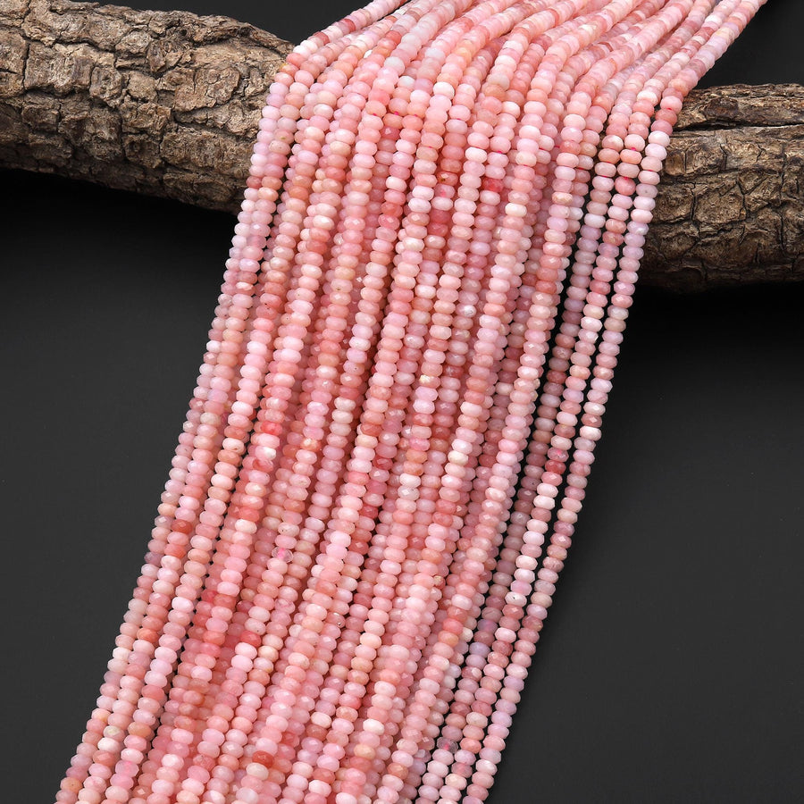 AAA Micro Faceted Natural Peruvian Pink Opal 4mm Thin Rondelle Beads Gemstone 15.5" Strand