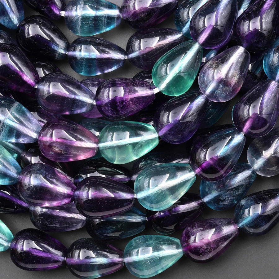 AAA Natural Green Purple Fluorite Smooth Vertically Drilled Teardrop Briolette Beads 15.5" Strand