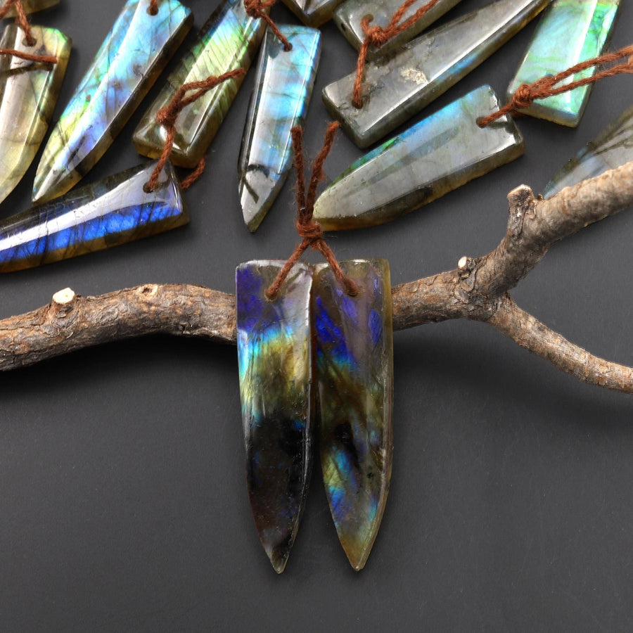 Flashy Natural Labradorite Earring Pair Short Dagger Triangle Drilled Matched Gemstone Beads A2