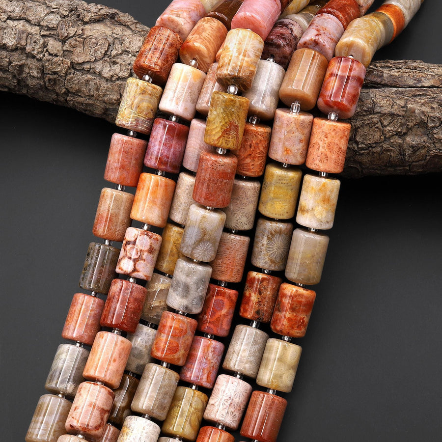 AAA Natural Orange Red Fossil Coral Beads Smooth Tube Cylinder Gemstone 15.5" Strand