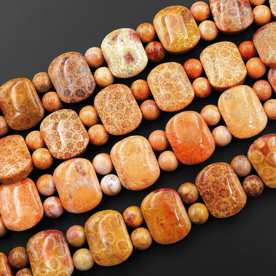 Double Drilled Bright Natural Orange Peach Fossil Coral Curved Rectangle Bracelet Gemstone Beads 8" Strand