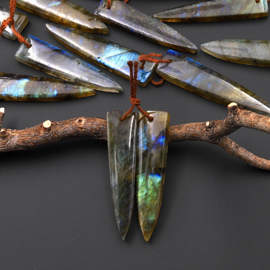 Flashy Natural Labradorite Earring Pair Dagger Elongated Tapered Spike Point Drilled Matched Gemstone Beads A5