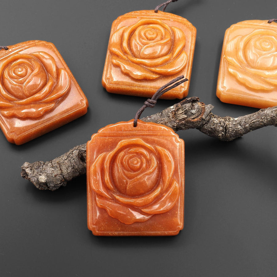 AAA Hand Carved Natural Orange Peach Aventurine Blooming 3D Rose Flower Ornate Rectangle Pendant Gemstone Focal Bead
