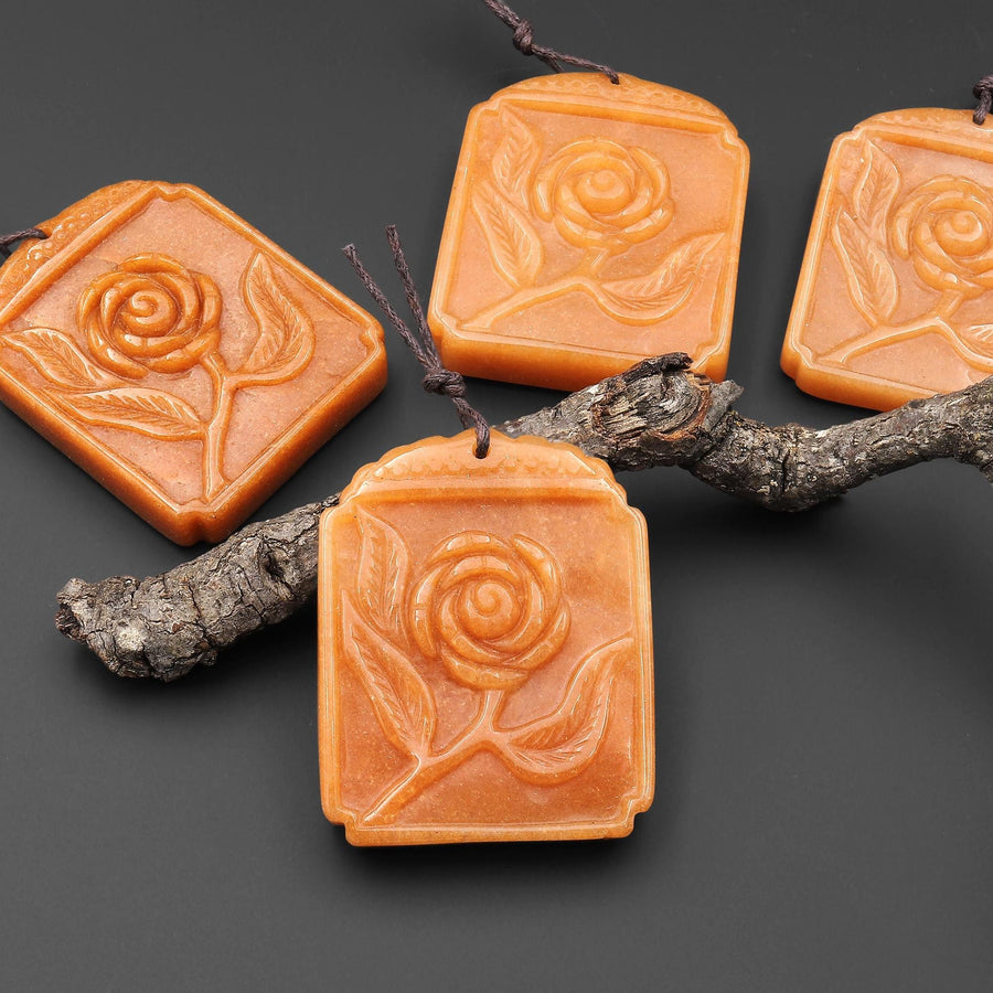 AAA Hand Carved Natural Orange Peach Aventurine Rose Flower Ornate Rectangle Pendant Gemstone Focal Bead