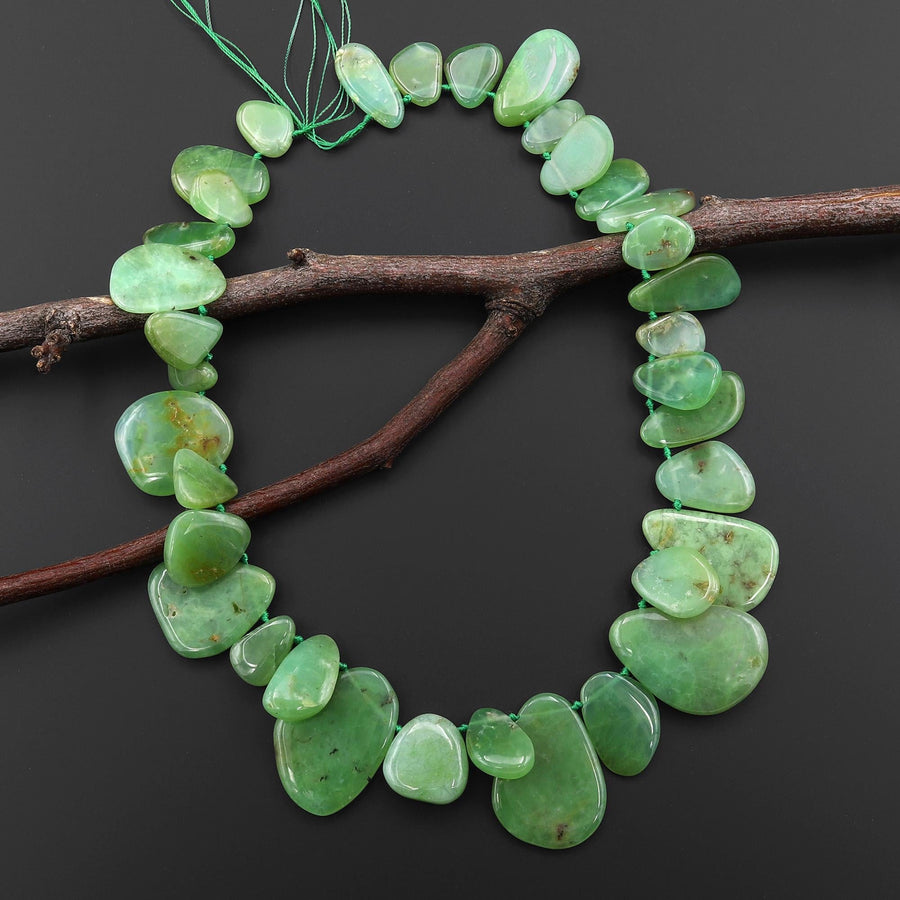 Hand Cut Natural Australian Green Chrysoprase Beads Freeform Smooth Teardrop Petal Top Side Drilled Gemstone 15.5" Strand A1