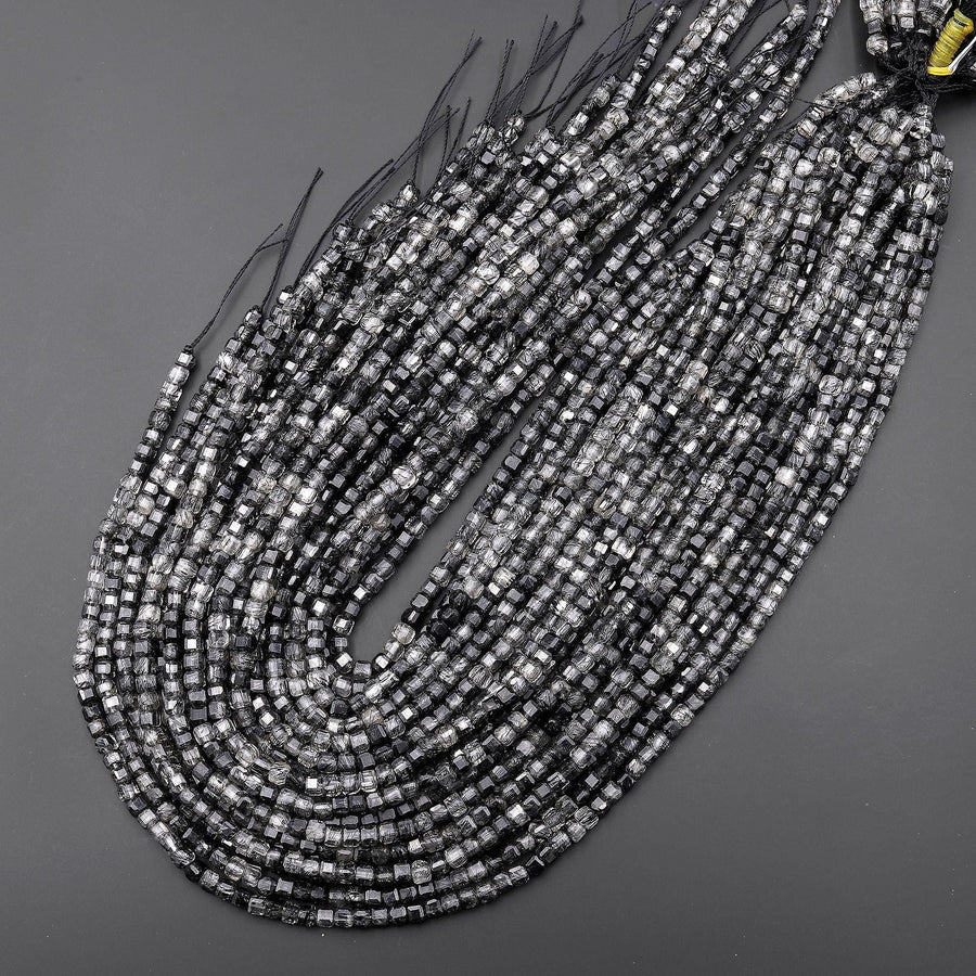 Natural Black Tourmaline Rutilated Rutile Quartz 4mm Faceted Cube Beads Gemstone 15.5" Strand