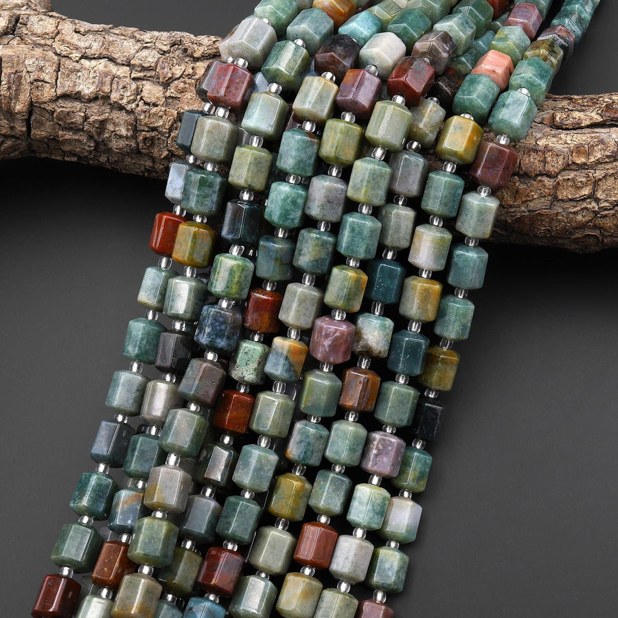 Faceted Natural Indian Agate 10x8mm Hexagon Tube Beads Aka Fancy Jasper 15.5" Strand