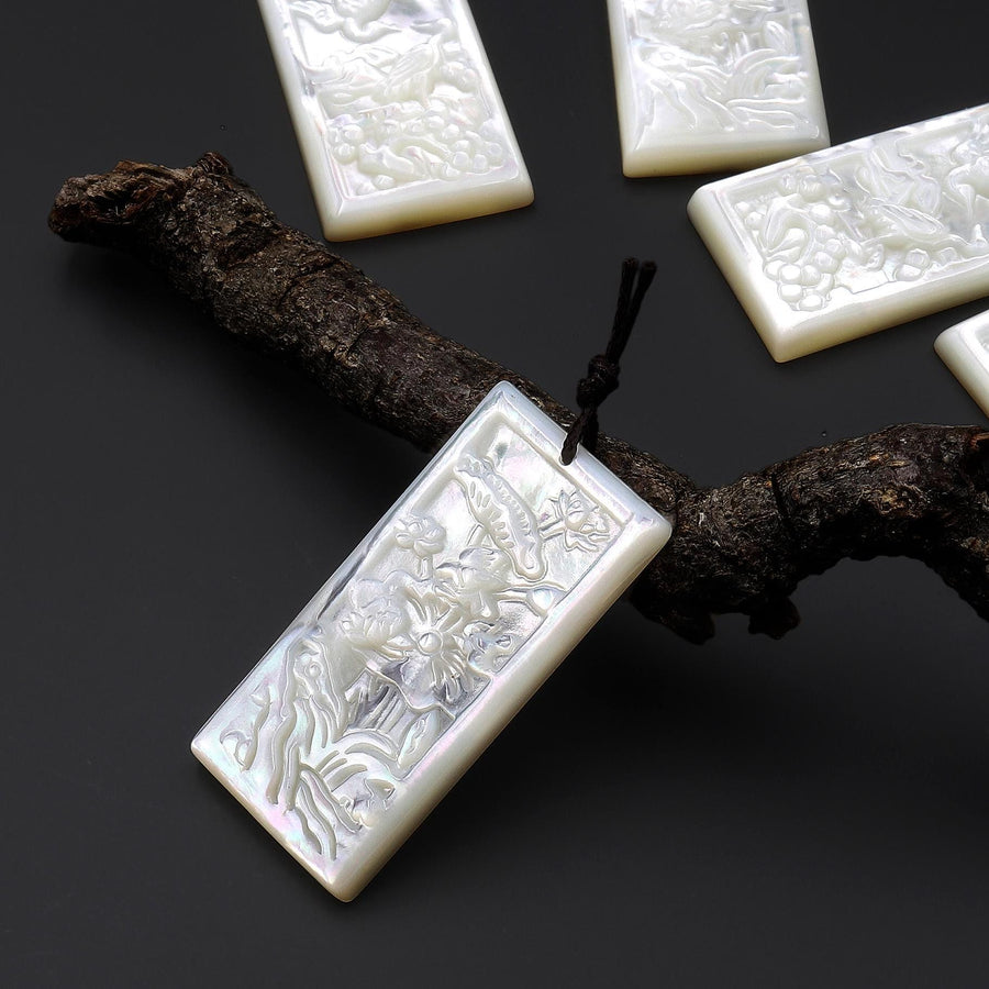 AAA Iridescent Carved Natural White Mother of Pearl Lily Lotus Flower Pendant