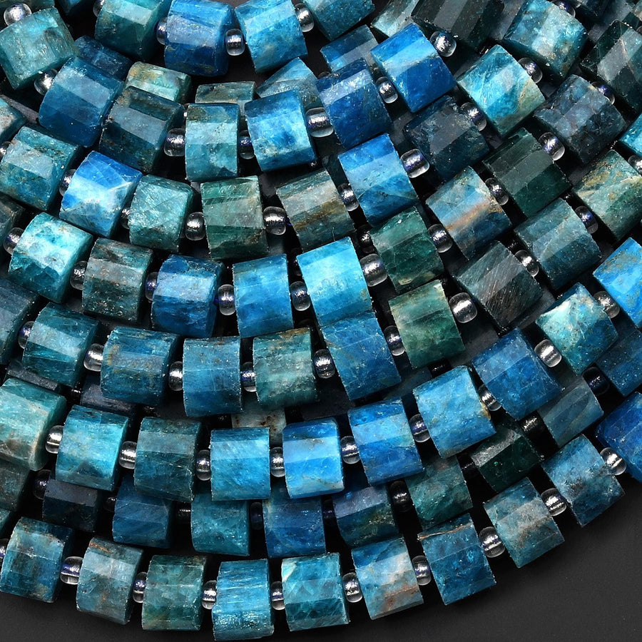 Natural Blue Apatite Faceted Short Tube Cylinder Rondelle Beads 8mm Beads 15.5" Strand