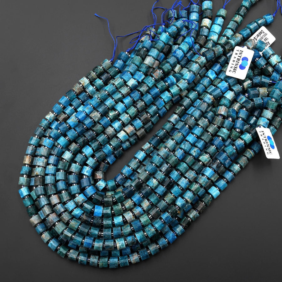 Natural Blue Apatite Faceted Short Tube Cylinder Rondelle Beads 8mm Beads 15.5" Strand