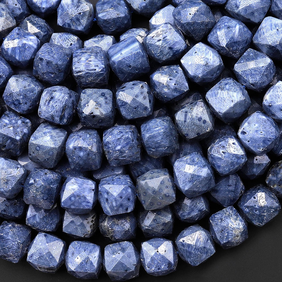 Genuine Natural Denim Blue Sponge Coral 8mm Faceted Cube Beads 15.5" Strand