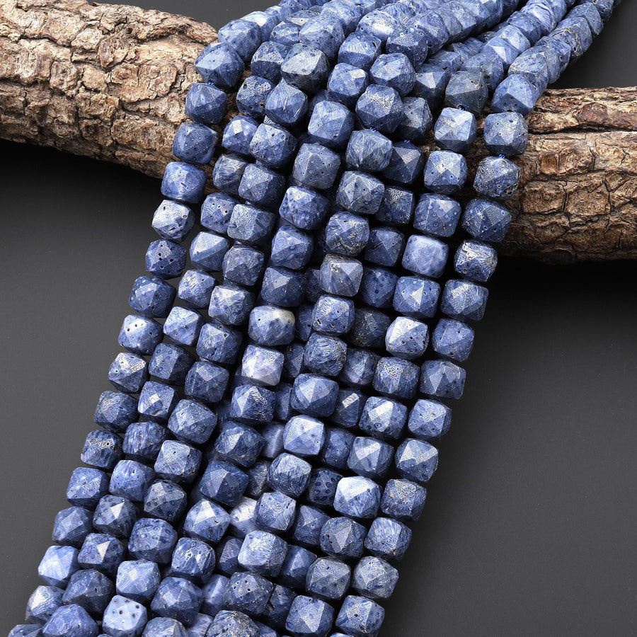 Genuine Natural Denim Blue Sponge Coral 8mm Faceted Cube Beads 15.5" Strand