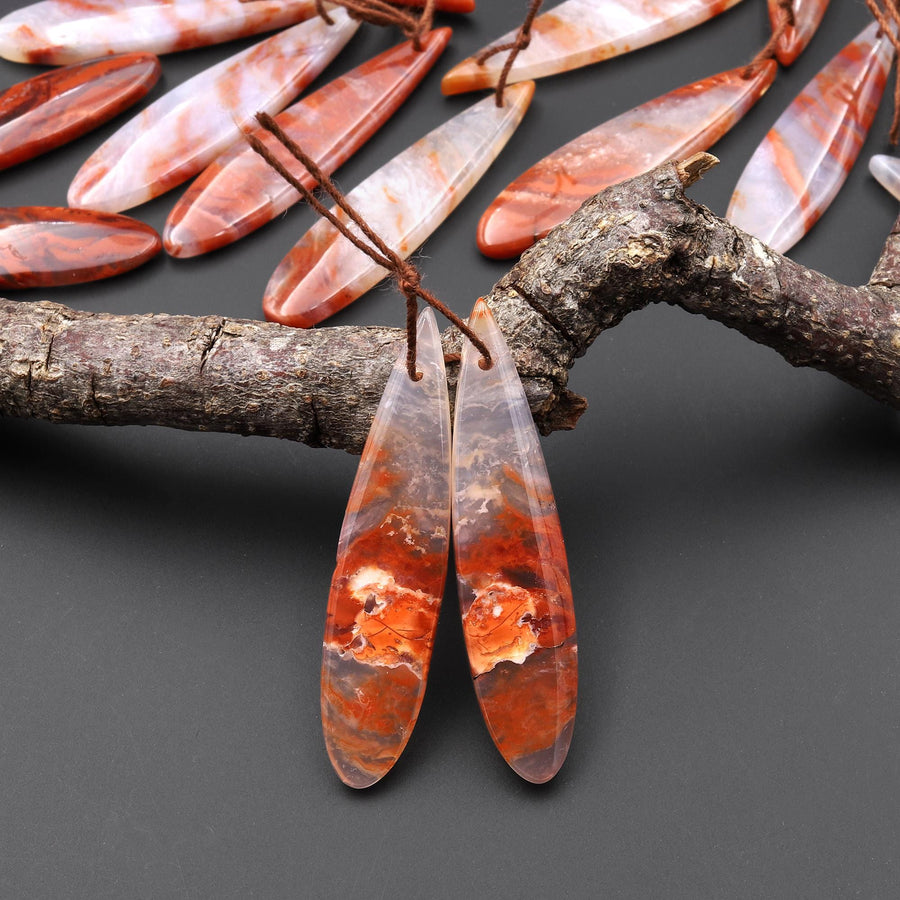 Natural Moroccan Red Lace Agate Long Slender Teardrop Earring Drilled Matched Gemstone Cabochon Bead Pair A9