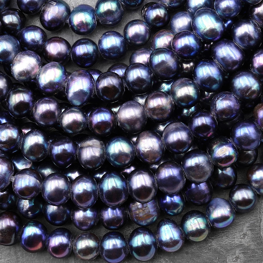 Large Hole Black Peacock Genuine Freshwater Pearl Off Round 8mm 10mm 12mm Iridescent 8" Strand