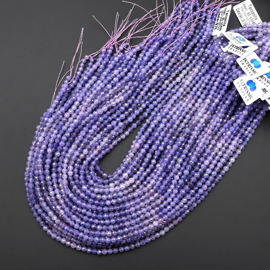 AAA Faceted Natural Tanzanite Round Beads 4mm Real Genuine Gemstone Shades of Pinkish Purple Blue 15.5" Strand