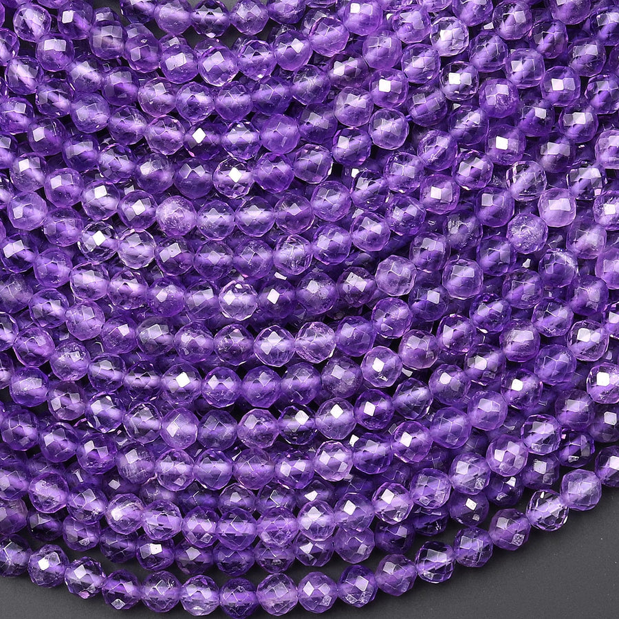 AAA Gemmy Translucent Faceted Natural Purple Amethyst 4mm Round Beads 15.5" Strand