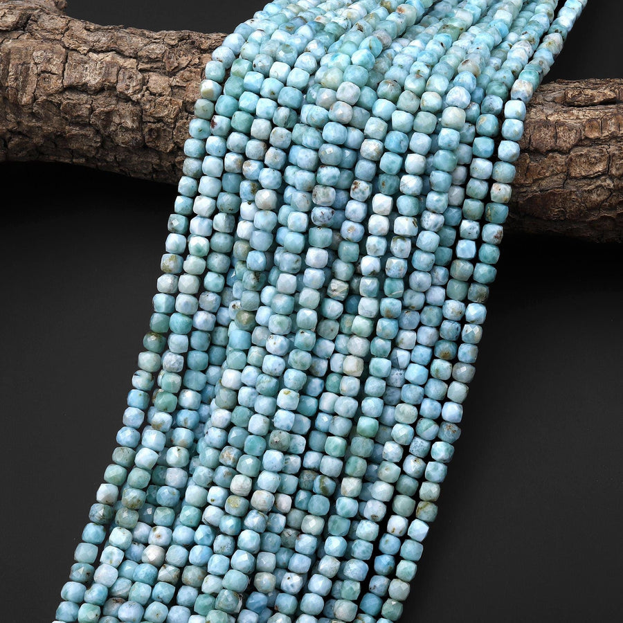 Genuine Natural Blue Larimar Beads Faceted 4mm Cube Gemstone Beads 15.5" Strand