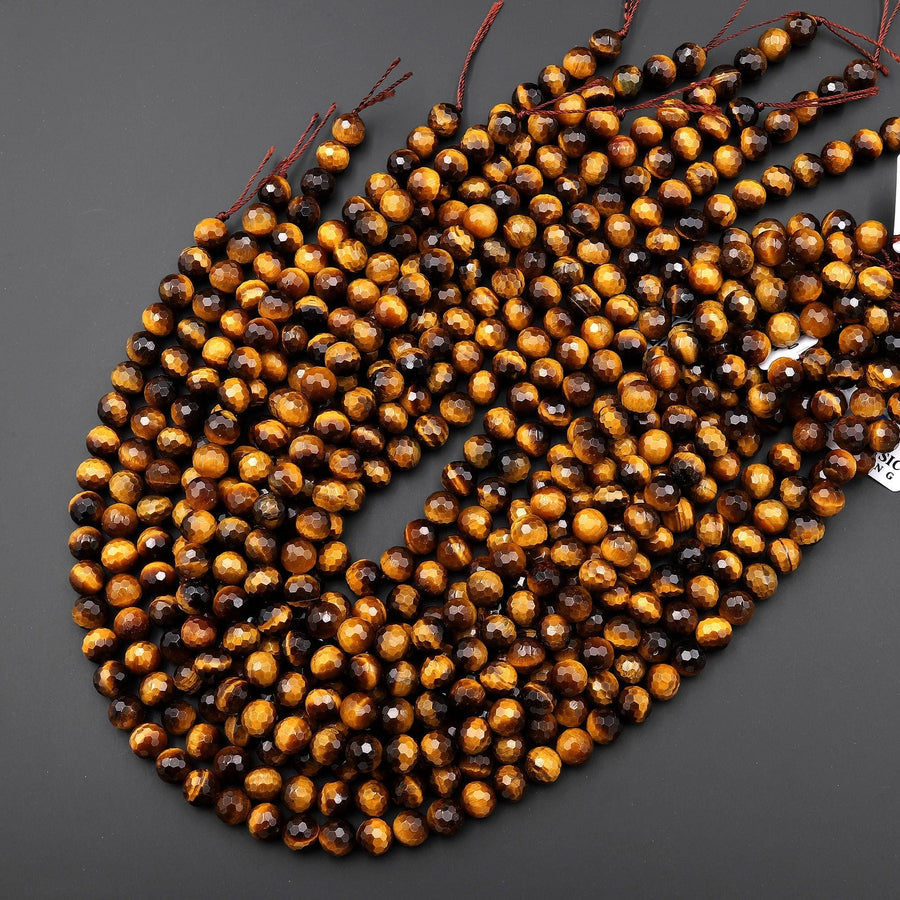 AAA Faceted Natural Tiger's Eye 8mm Round Beads 14.5" Strand