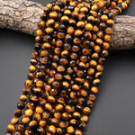 AAA Faceted Natural Tiger's Eye 8mm Round Beads 14.5" Strand