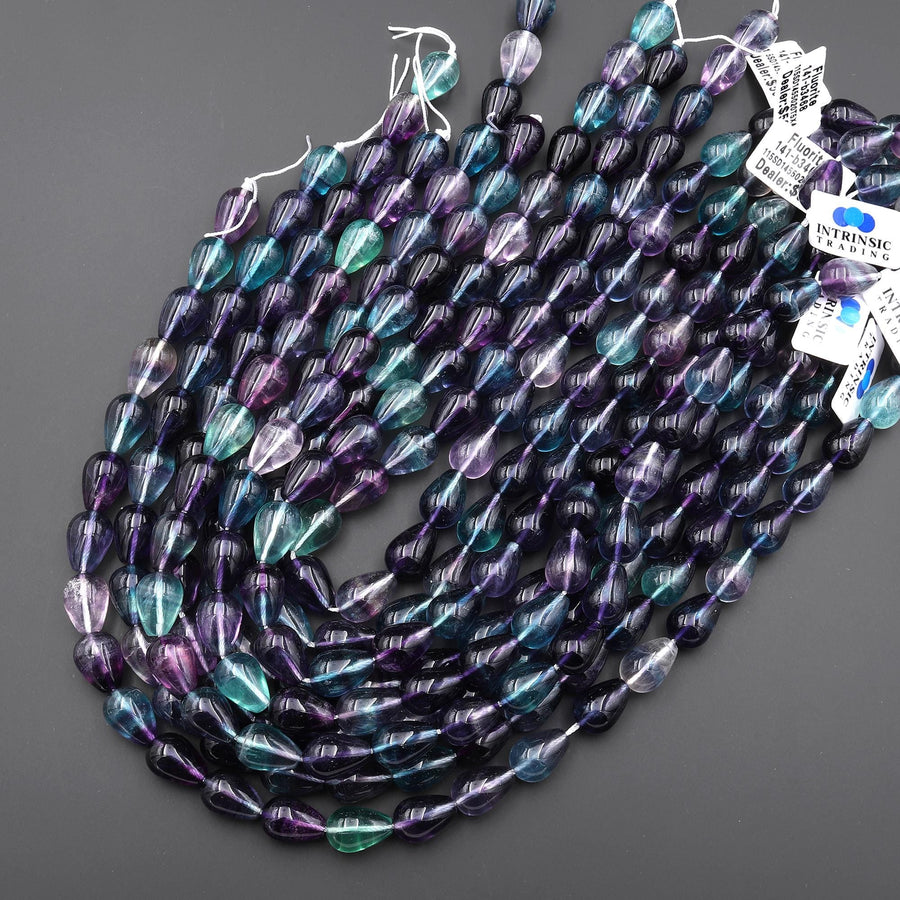 AAA Natural Green Purple Fluorite Smooth Vertically Drilled Teardrop Briolette Beads 15.5" Strand