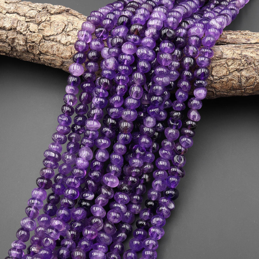 Natural Purple Amethyst Beads Center Drilled Freeform Pebble Thick Nugget 15.5" Strand