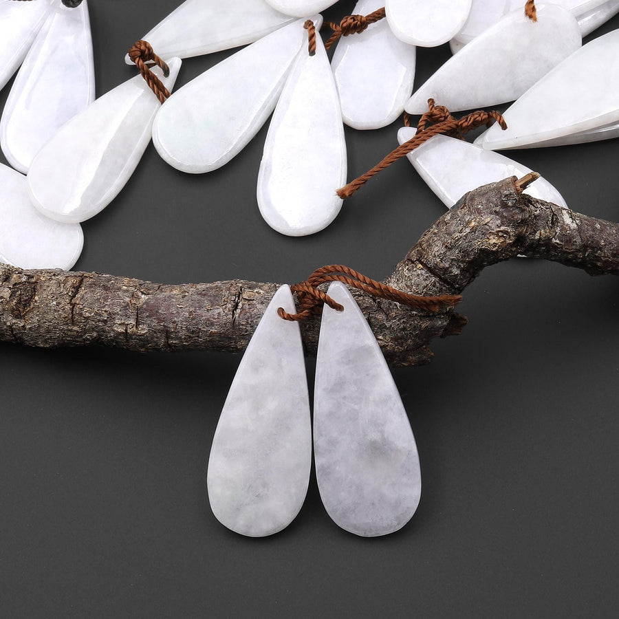 Icy Natural Real Genuine Burma White Jade Long Teardrop Earring Pair Drilled Gemstone Matched Beads A1