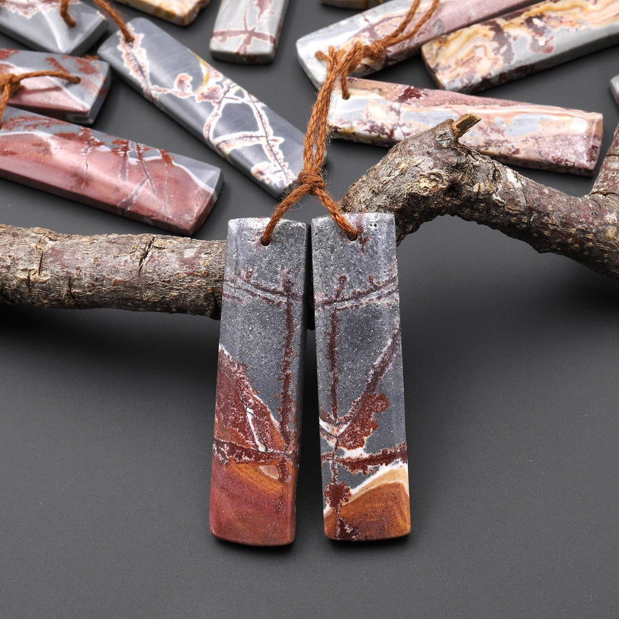 Natural Sonora Dendritic Rhyolite Jasper Long Rectangle Earring Drilled Gemstone Matched Beads Pair From Mexico A8