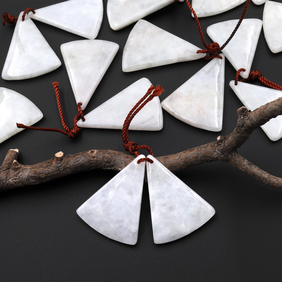 Icy Natural Real Genuine Burma White Jade Curved Fan Triangle Earring Pair Drilled Gemstone Matched Beads A1