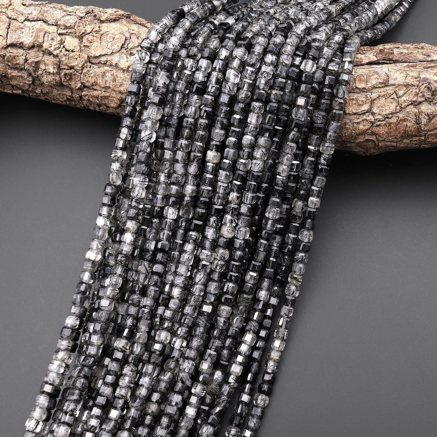 Natural Black Tourmaline Rutilated Rutile Quartz 4mm Faceted Cube Beads Gemstone 15.5" Strand