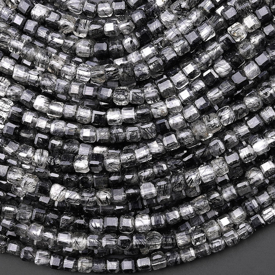 Natural Black Tourmaline Rutilated Rutile Quartz 4mm Faceted Cube Beads Gemstone 15.5" Strand