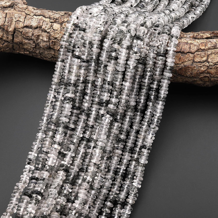 Rare Natural Black Hematite Phantom Quartz 6mm Smooth Rondelle Beads Black Quartz Crystal Powerful Energy Stone 15.5" Strand