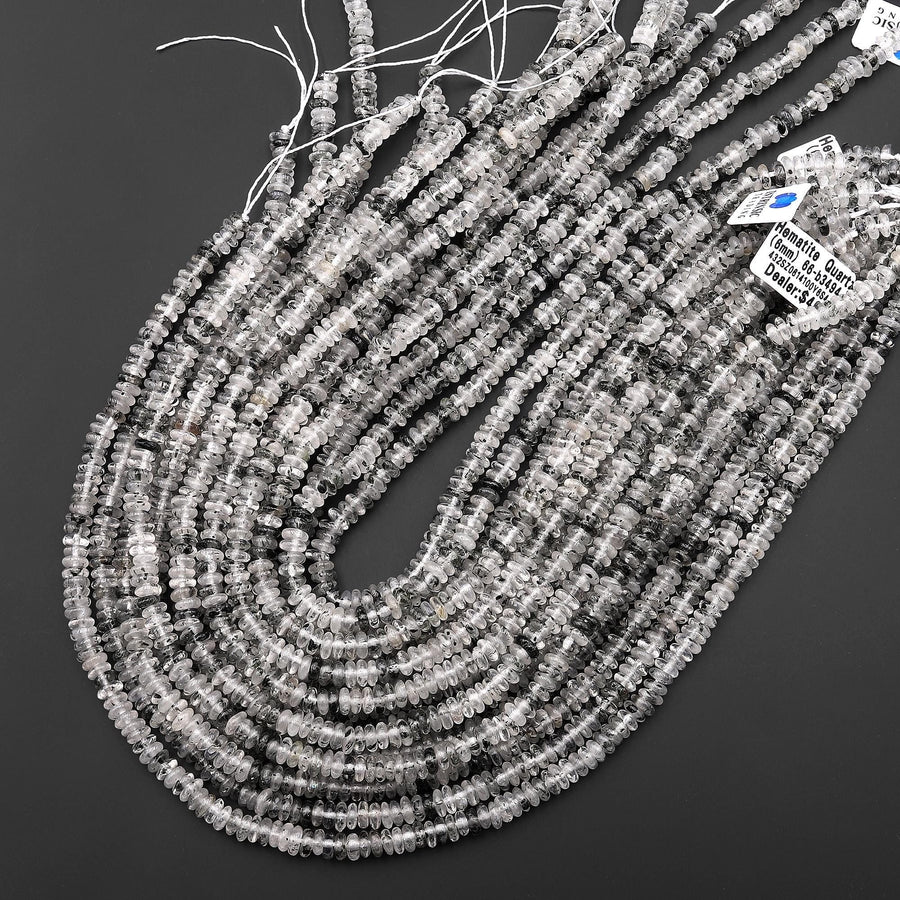 Rare Natural Black Hematite Phantom Quartz 6mm Smooth Rondelle Beads Black Quartz Crystal Powerful Energy Stone 15.5" Strand