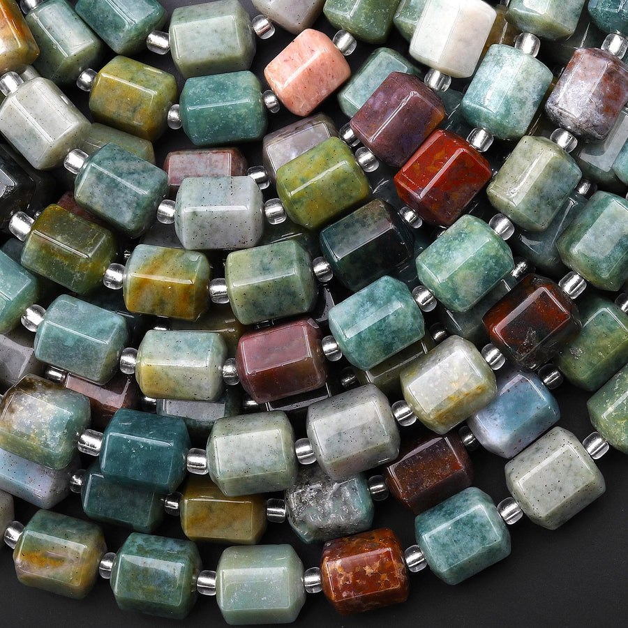 Faceted Natural Indian Agate 10x8mm Hexagon Tube Beads Aka Fancy Jasper 15.5" Strand